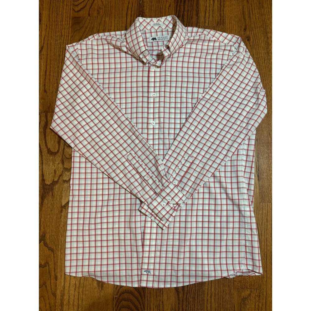 Onward Reserve Mens Classic Fit Performance Plaid Button Down Shirt Red Blue M